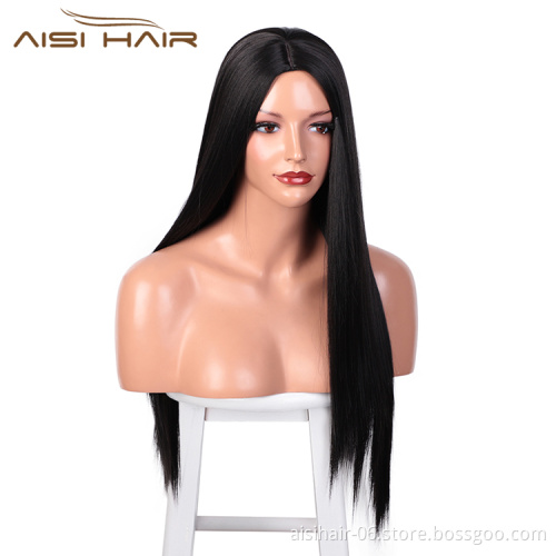 Aisi Hair Top Quality Long Silky Straight Wave Natural Black Wig Heat Resistant Synthetic Fiber Wigs For White Black Women